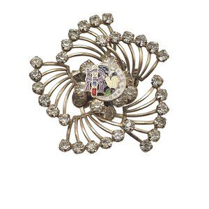 Vintage Odd Fellows Daughters Of Rebekah Enamel Clear Rhinestone Brooch Pin